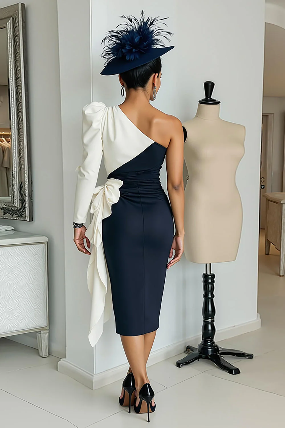 Czarno-biała sukienka bodycon midi na jedno ramię dla matki panny młodej z szarfą - Image 6