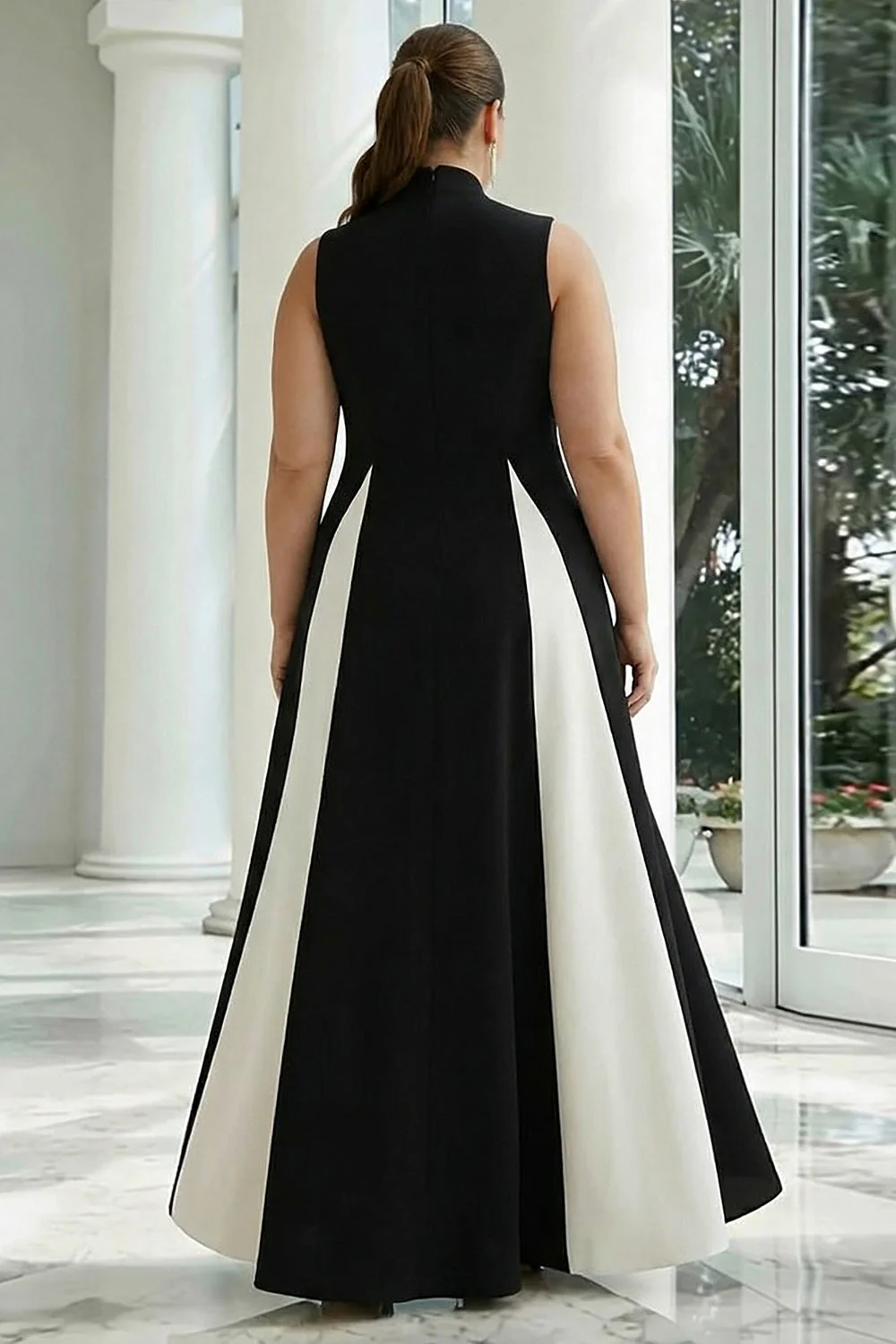 Czarno-biała sukienka formalna w rozmiarze plus size z wysokim kołnierzem, długim kołnierzem, z kieszeniami - Image 2