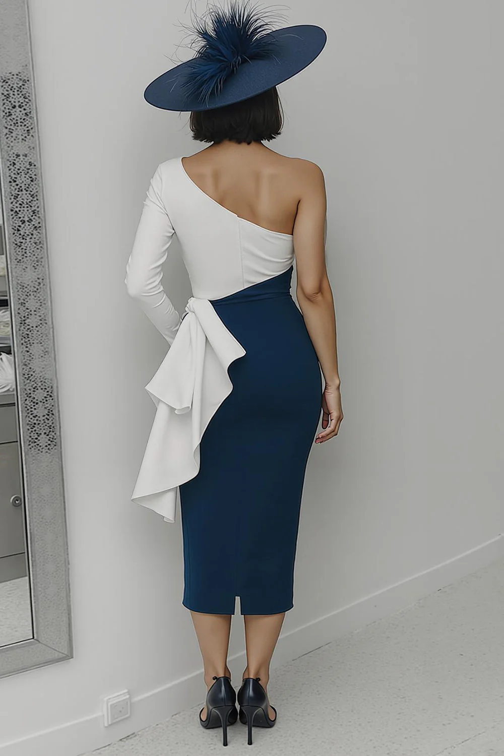 Czarno-biała sukienka na jedno ramię bodycon długa dla matki panny młodej z szarfą - Image 6