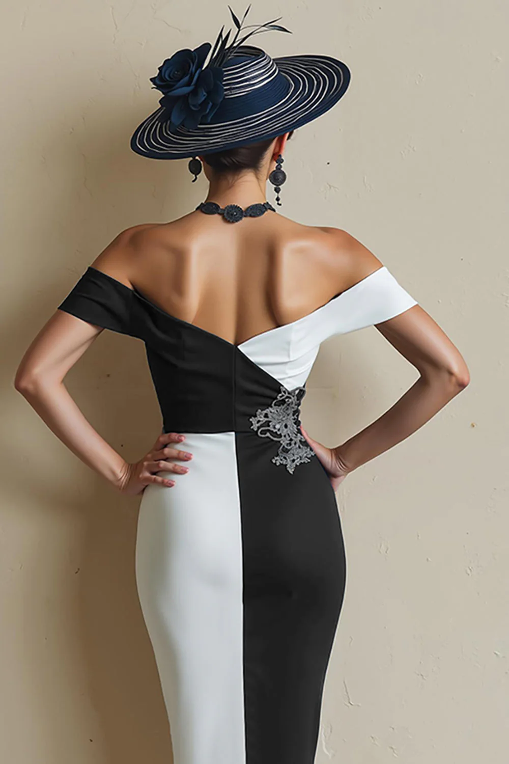 Czarno-biała sukienka z odkrytymi ramionami bodycon midi dla matki panny młodej z rozcięciem - Image 4