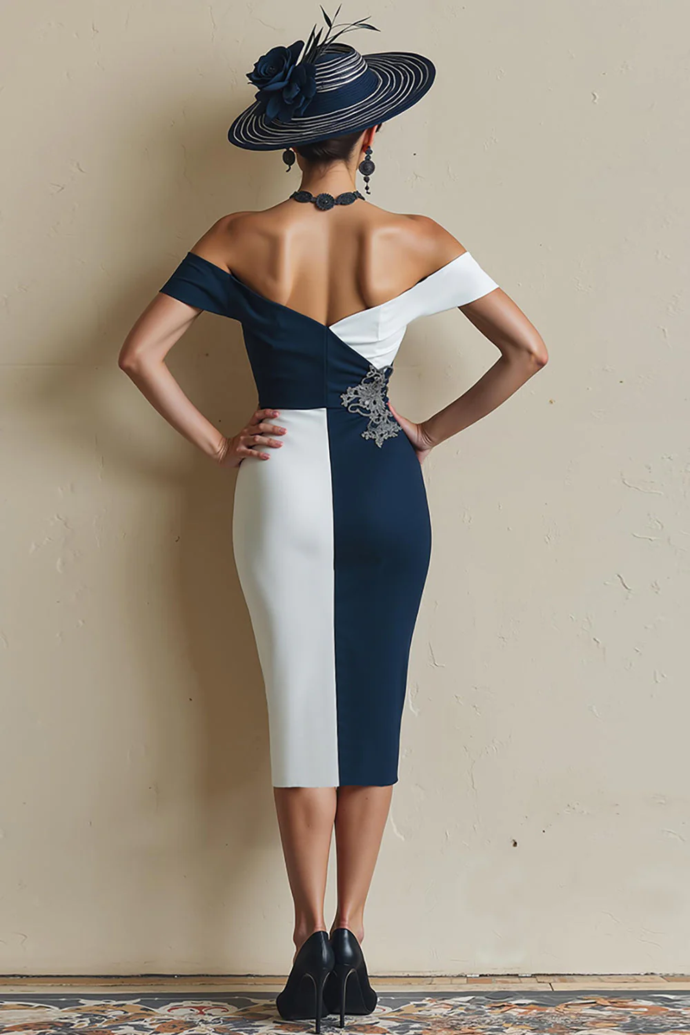 Czarno-biała sukienka z odkrytymi ramionami bodycon midi dla matki panny młodej z rozcięciem - Image 6