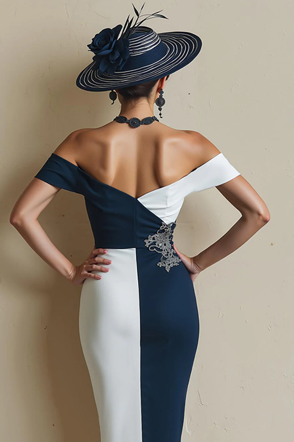 Czarno-biała sukienka z odkrytymi ramionami bodycon midi dla matki panny młodej z rozcięciem - Image 8