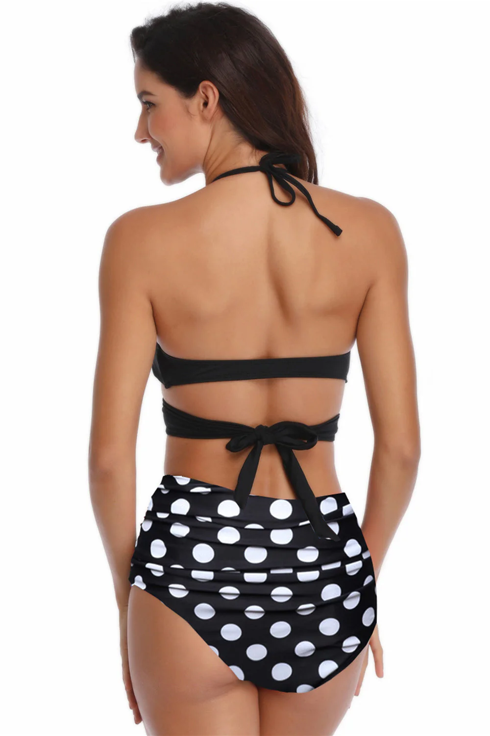 Czarno-Biały Kostium Kąpielowy Bikini W Kropki Wiązany Na Szyi W Kratke - Image 2