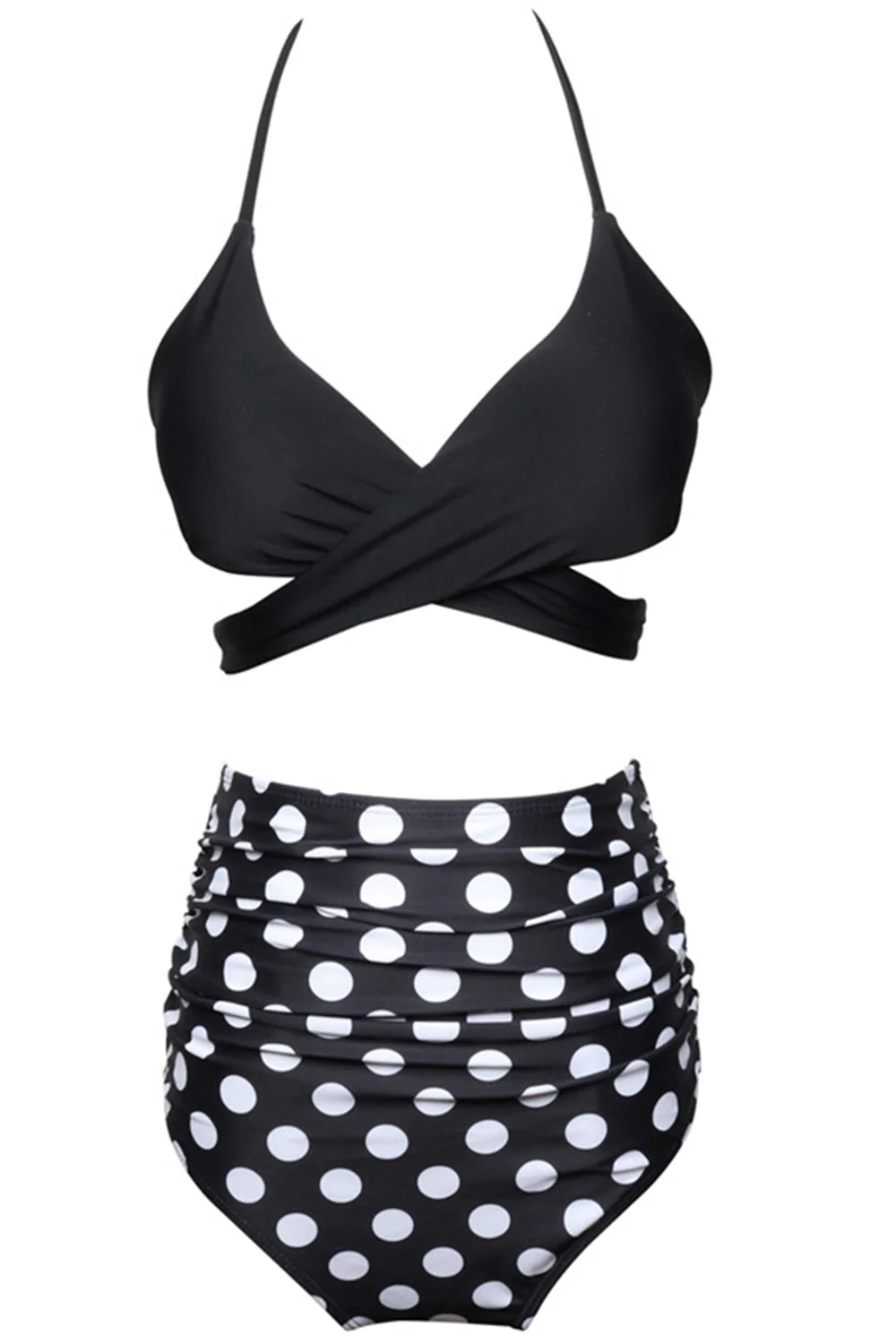 Czarno-Biały Kostium Kąpielowy Bikini W Kropki Wiązany Na Szyi W Kratke - Image 3