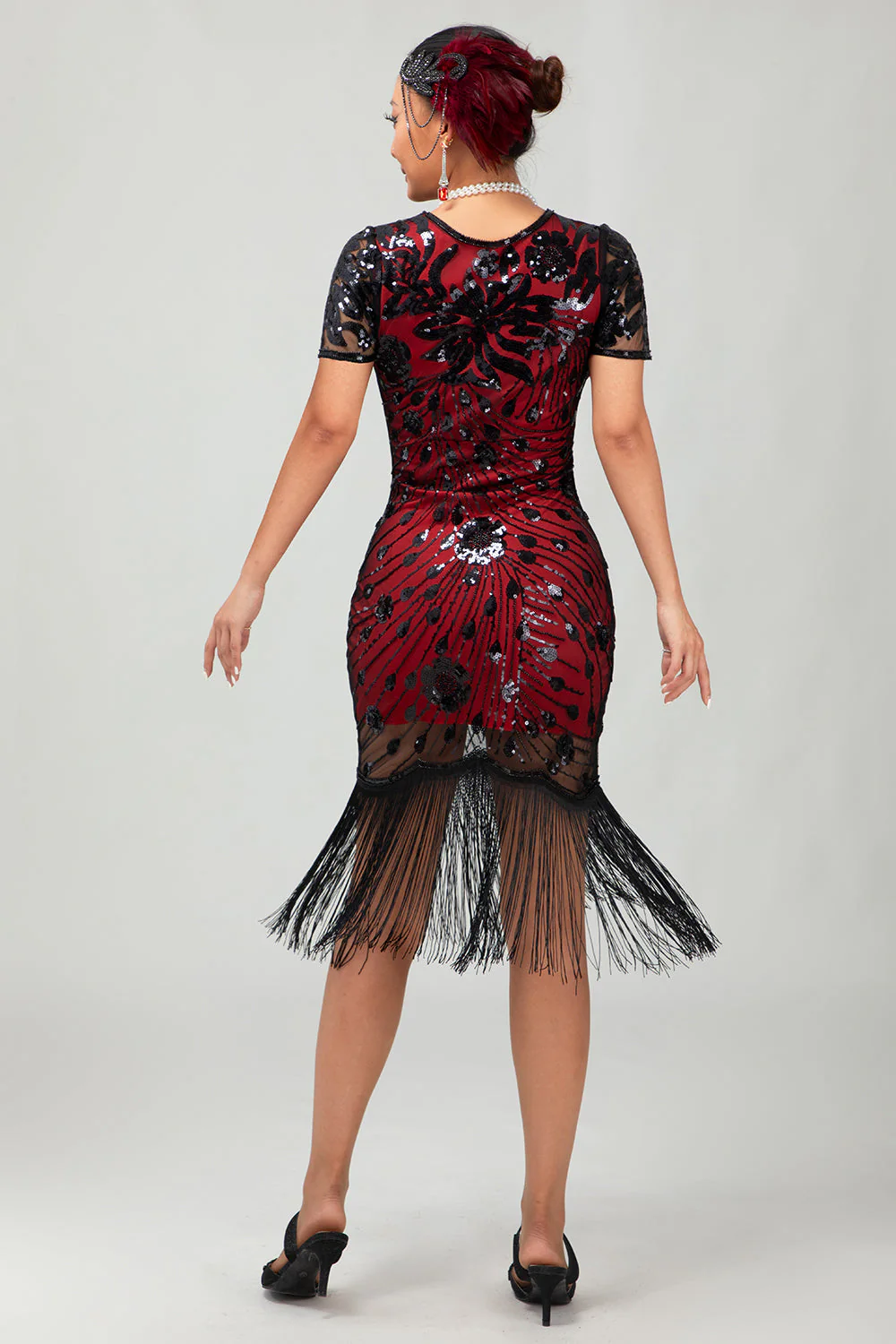Czarno-czerwona cekinowa sukienka z frędzlami bodycon z 1920 roku z 5-częściowym zestawem akcesoriów - Image 3