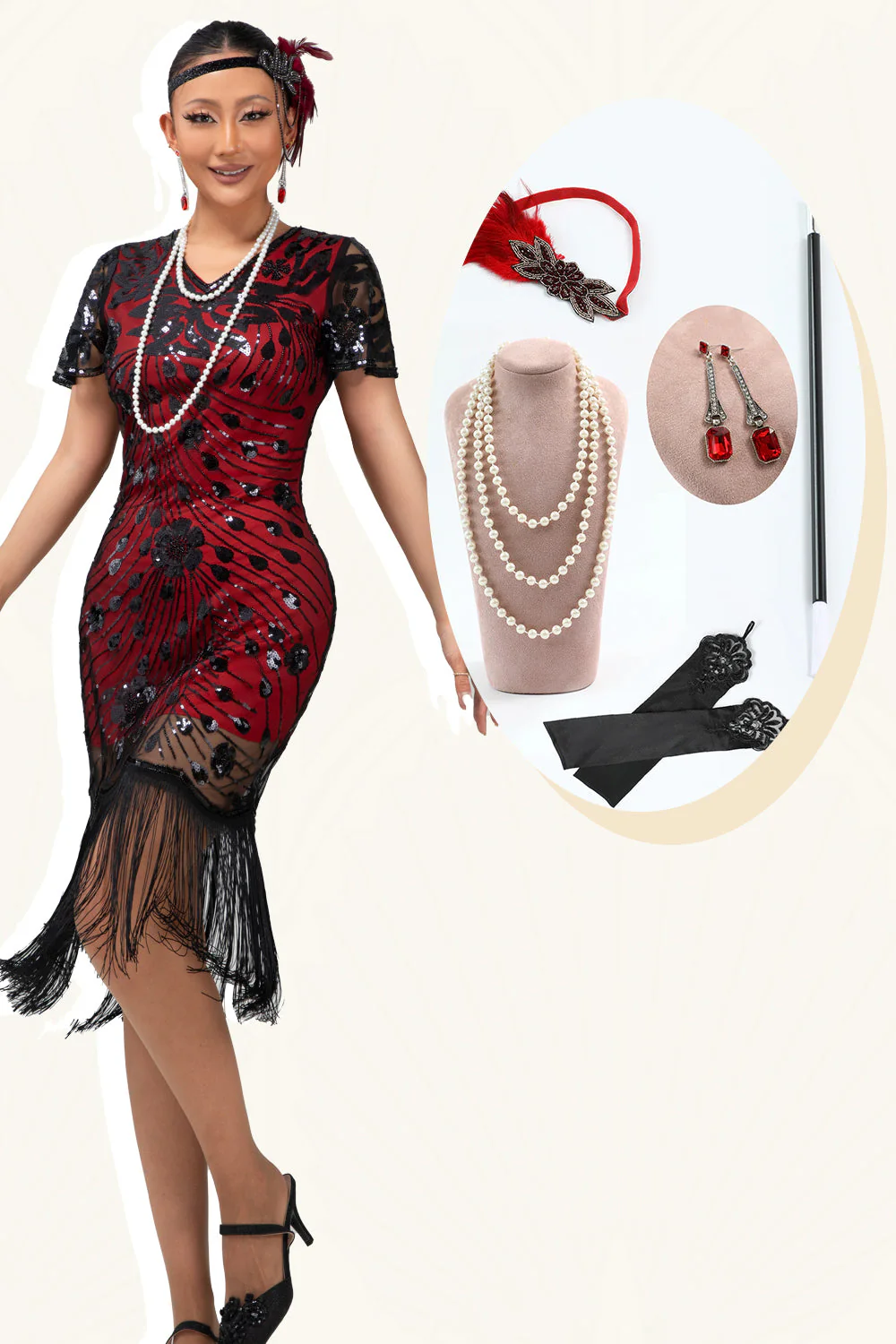 Czarno-czerwona cekinowa sukienka z frędzlami bodycon z 1920 roku z 5-częściowym zestawem akcesoriów - Image 6