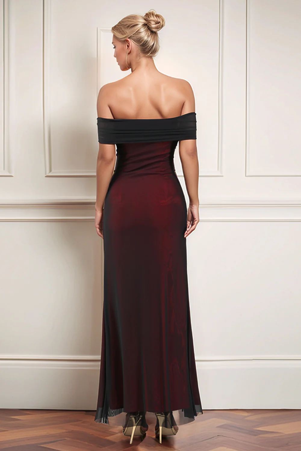 Czarno-czerwona sukienka formalna z odkrytymi ramionami - Image 7