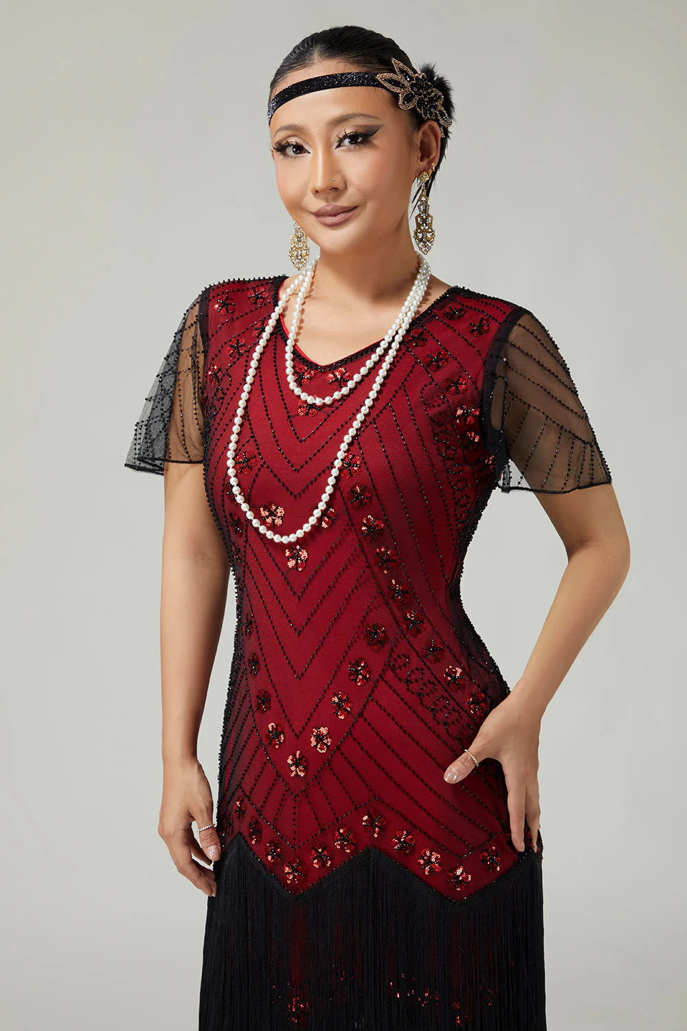 Czarno-czerwona sukienka z frędzlami bodycon z koralikami z 1920 roku z 5-częściowym zestawem akcesoriów - Image 4