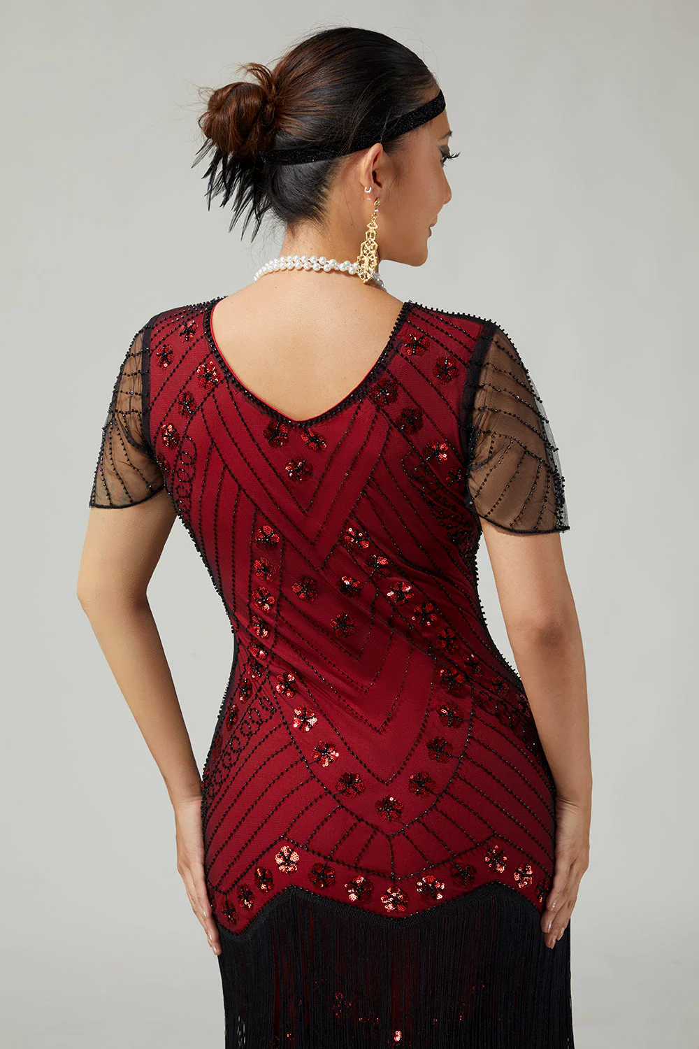 Czarno-czerwona sukienka z frędzlami bodycon z koralikami z 1920 roku z 5-częściowym zestawem akcesoriów - Image 5