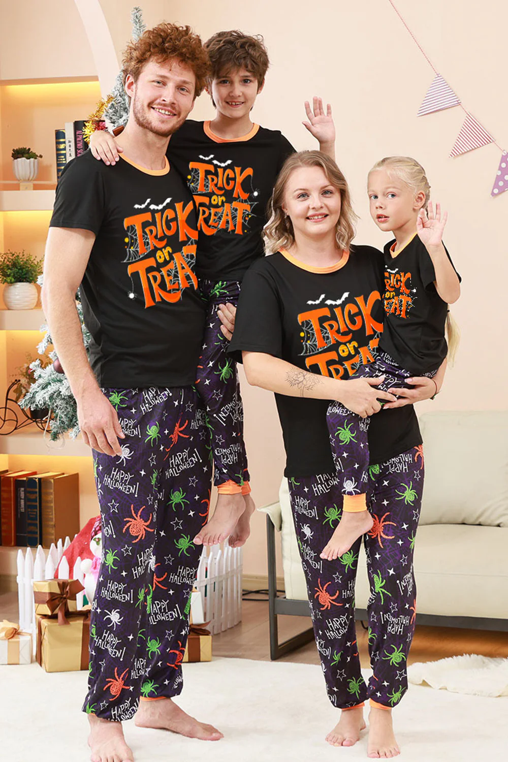 Czarno-Pomarańczowy Pająk Z Nadrukiem Halloweenowy Rodzinny Zestaw Piżam - Image 9