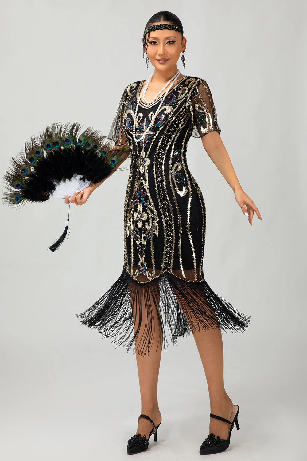 Czarno-srebrna cekinowa sukienka z dekoltem w szpic Bodycon 1920s z frędzlami - Image 10