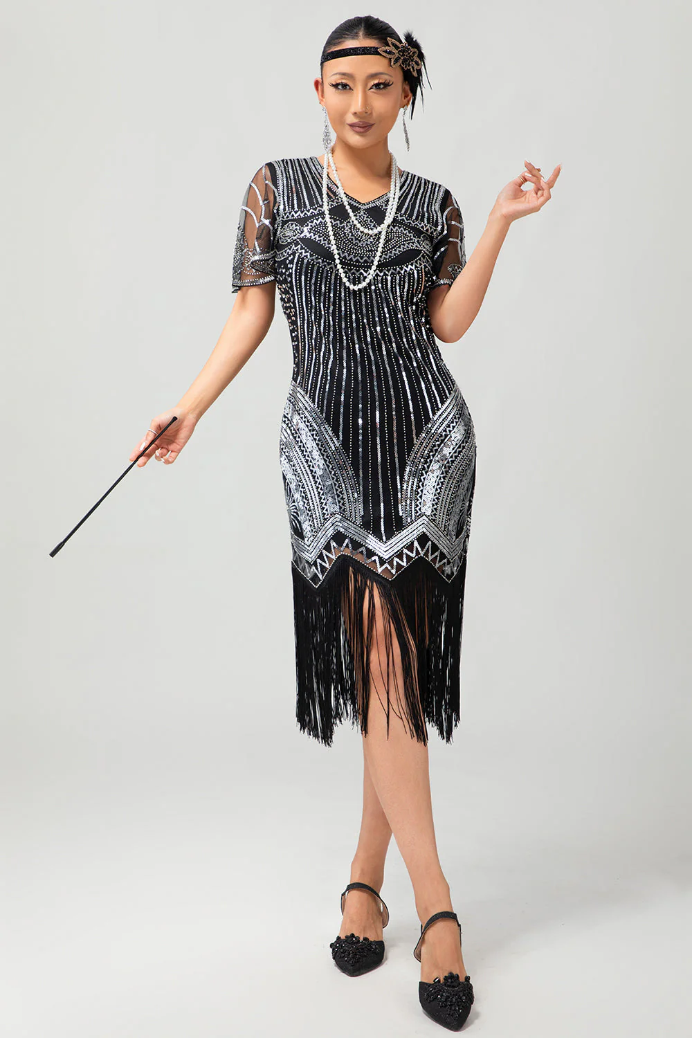 Czarno-srebrna cekinowa sukienka z dekoltem w szpic Bodycon 1920s z frędzlami - Image 5
