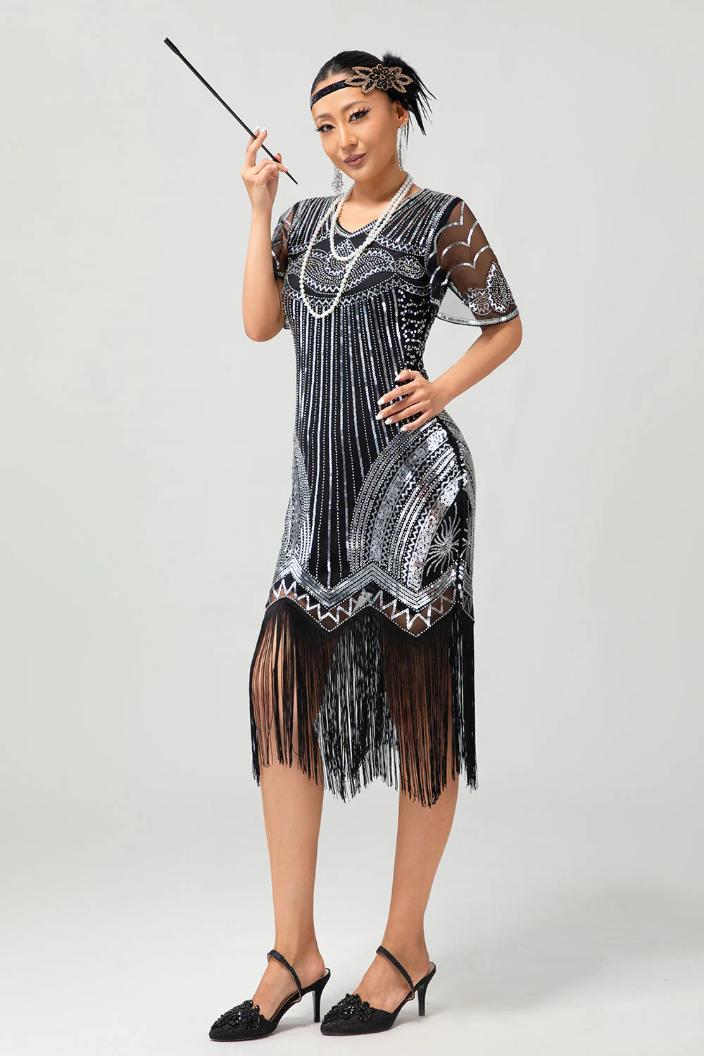 Czarno-srebrna cekinowa sukienka z dekoltem w szpic Bodycon 1920s z frędzlami - Image 6