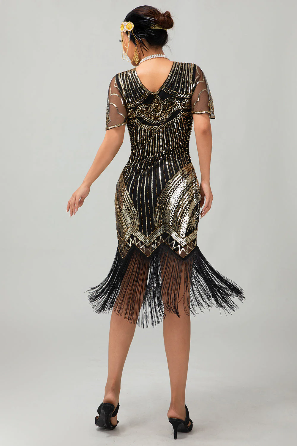 Czarno-srebrna cekinowa sukienka z dekoltem w szpic Bodycon 1920s z frędzlami - Image 9