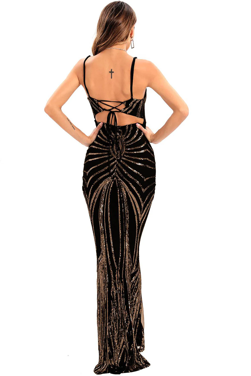 Czarny cekinowy pasek spaghetti bez pleców Bodycon Długa suknia wieczorowa - Image 2