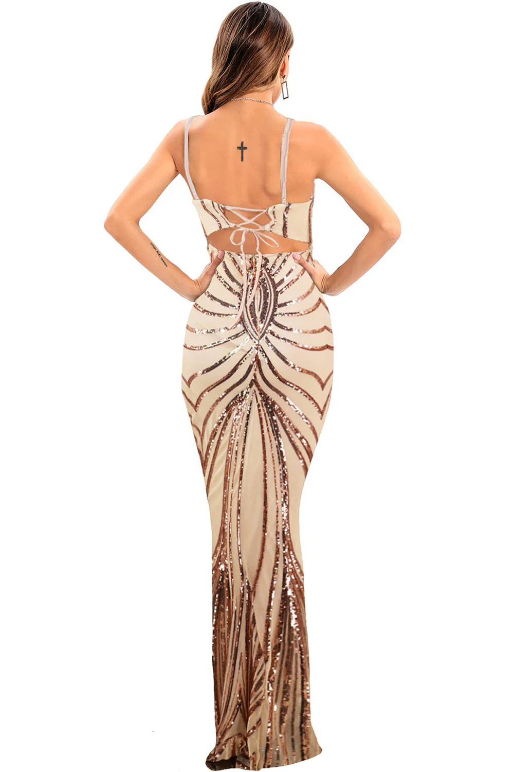 Czarny cekinowy pasek spaghetti bez pleców Bodycon Długa suknia wieczorowa - Image 6