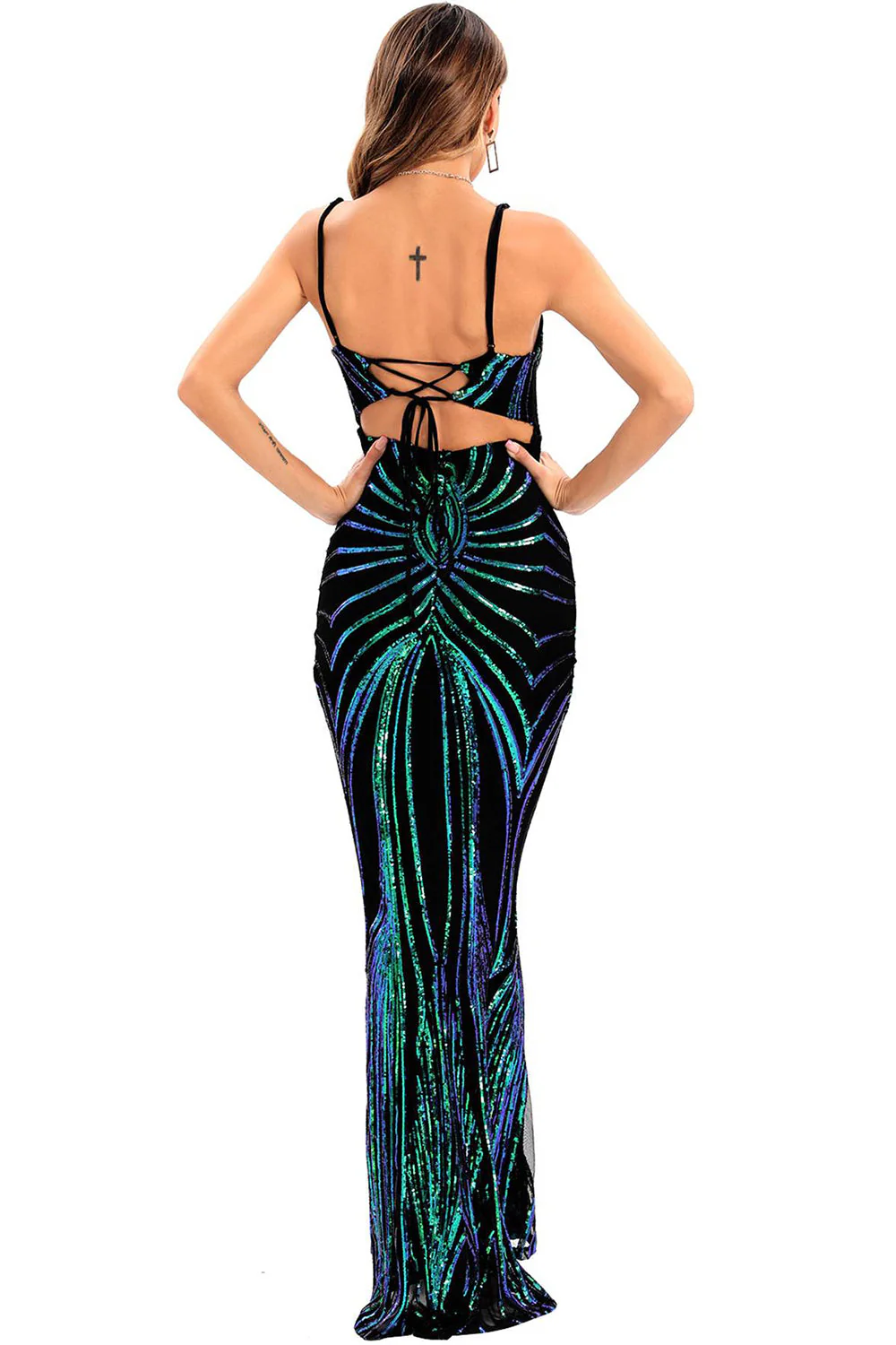 Czarny cekinowy pasek spaghetti bez pleców Bodycon Długa suknia wieczorowa - Image 9