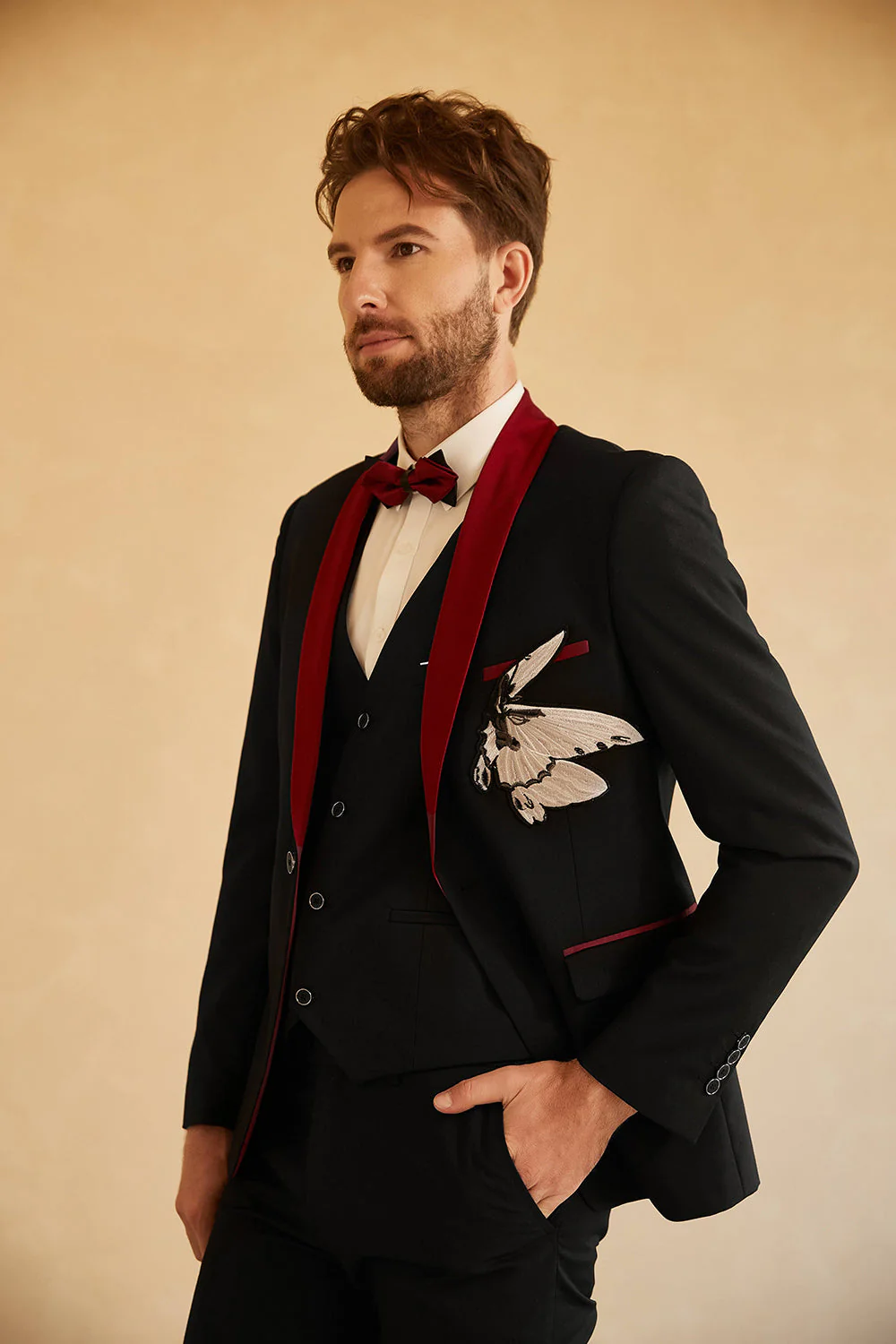 Czarny Czerwony Szal Lapel Męski 3-częściowy Garnitury Na Studniówkę - Image 4