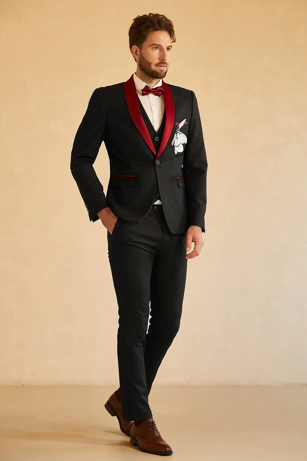 Czarny Czerwony Szal Lapel Męski 3-częściowy Garnitury Na Studniówkę - Image 6