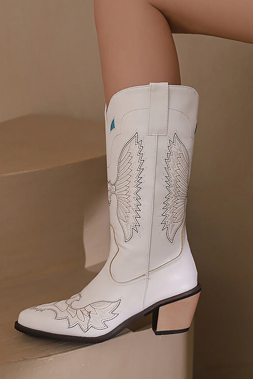 Czarny haft Mid Calf Chunky Heel Western Boots - Image 6