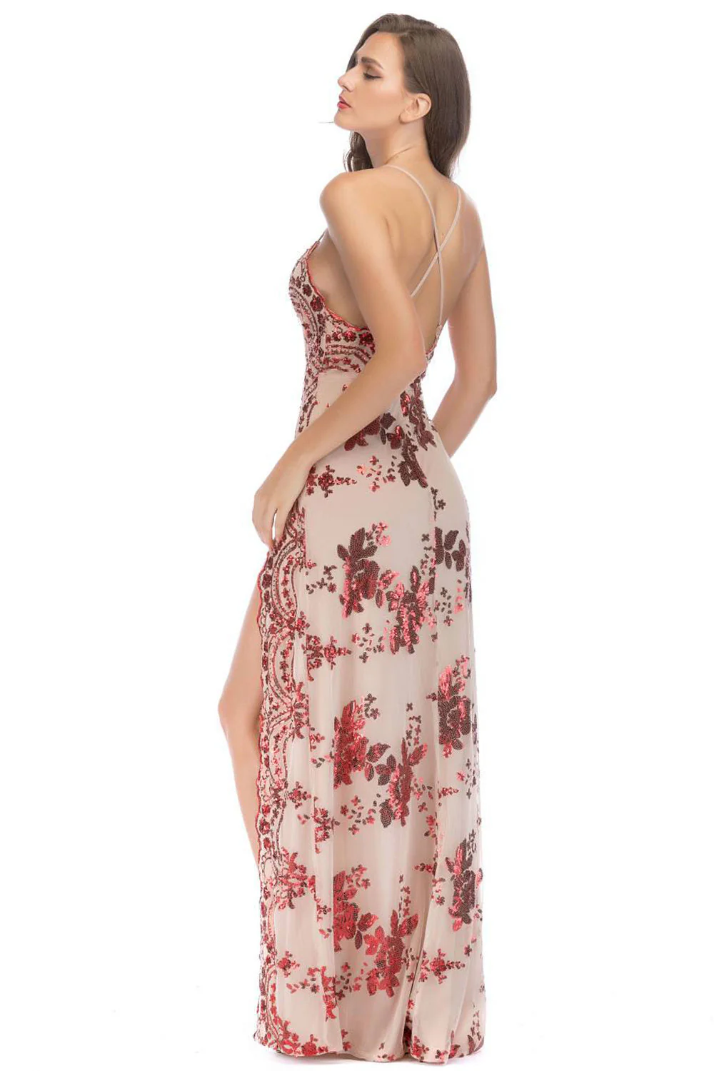 Czarny pasek spaghetti Długa suknia wieczorowa z głębokim dekoltem w serek - Image 11