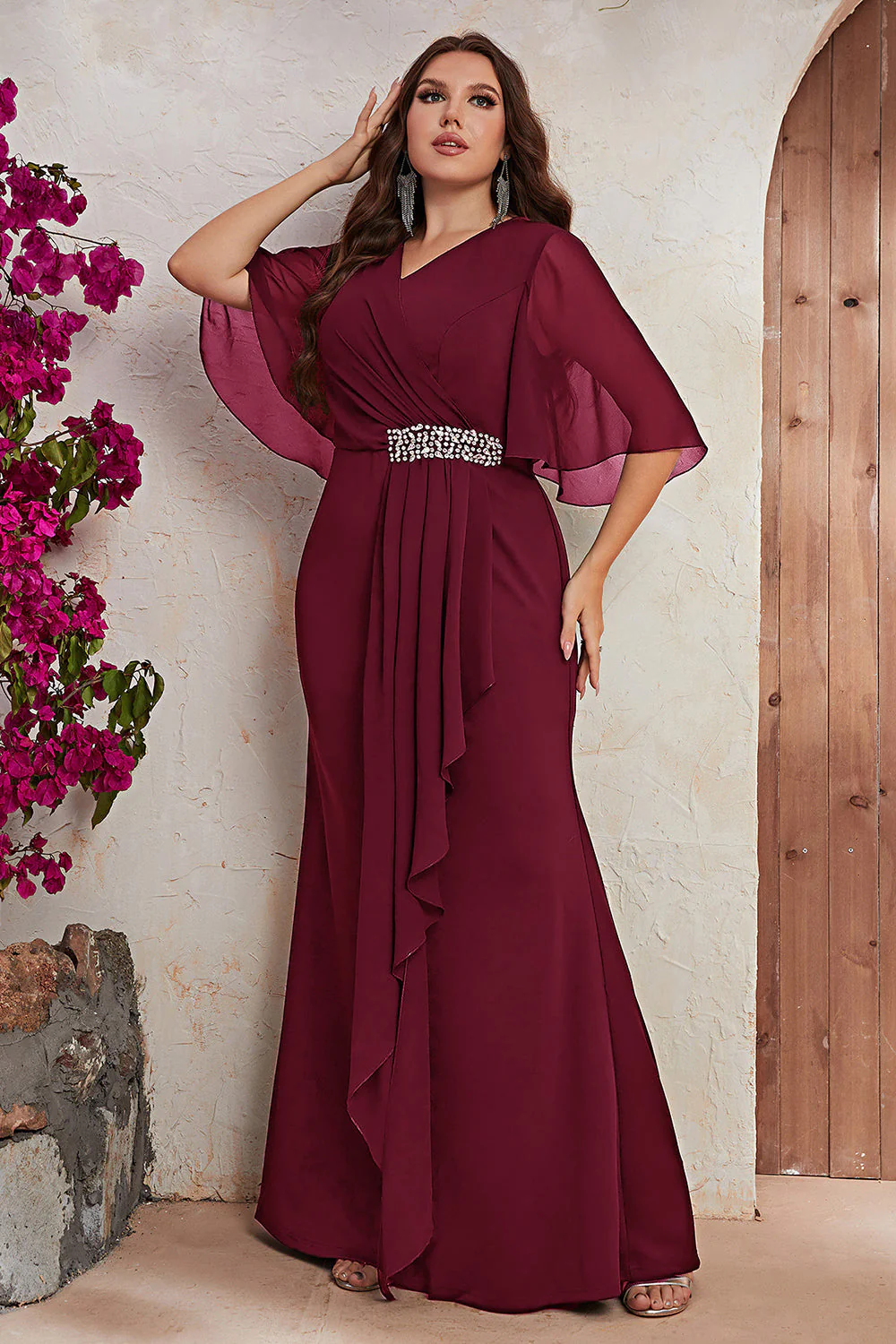 Czarny Plus Size Szyfon Osłona Długa Sukienki Na Wesele z Pół Rękawy - Image 4