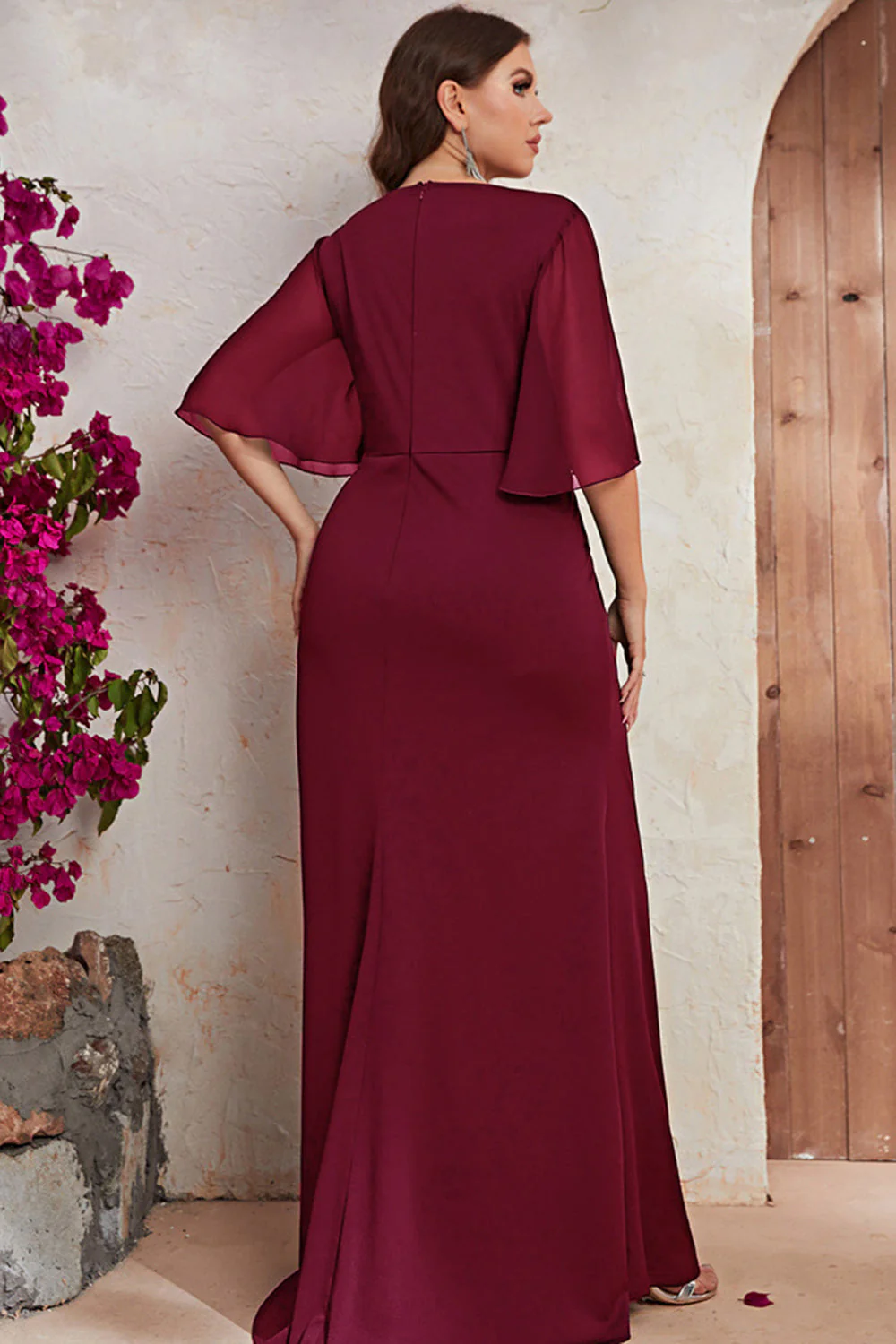 Czarny Plus Size Szyfon Osłona Długa Sukienki Na Wesele z Pół Rękawy - Image 5