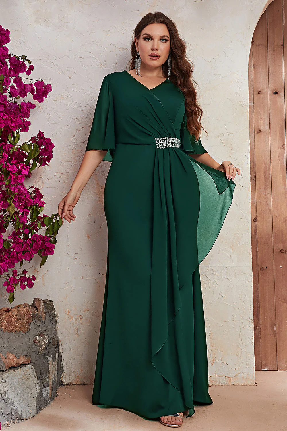 Czarny Plus Size Szyfon Osłona Długa Sukienki Na Wesele z Pół Rękawy - Image 6
