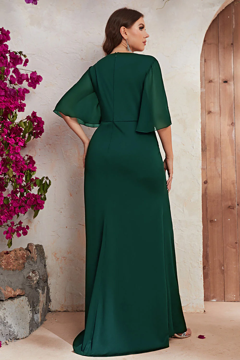 Czarny Plus Size Szyfon Osłona Długa Sukienki Na Wesele z Pół Rękawy - Image 7