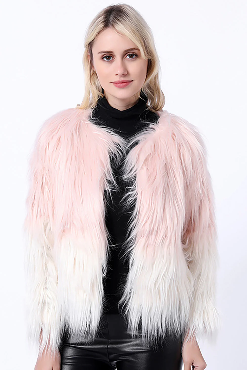 Czarny Zimowy Płaszcz Ze Sztucznego Futra Z Długim Rękawem - Image 4