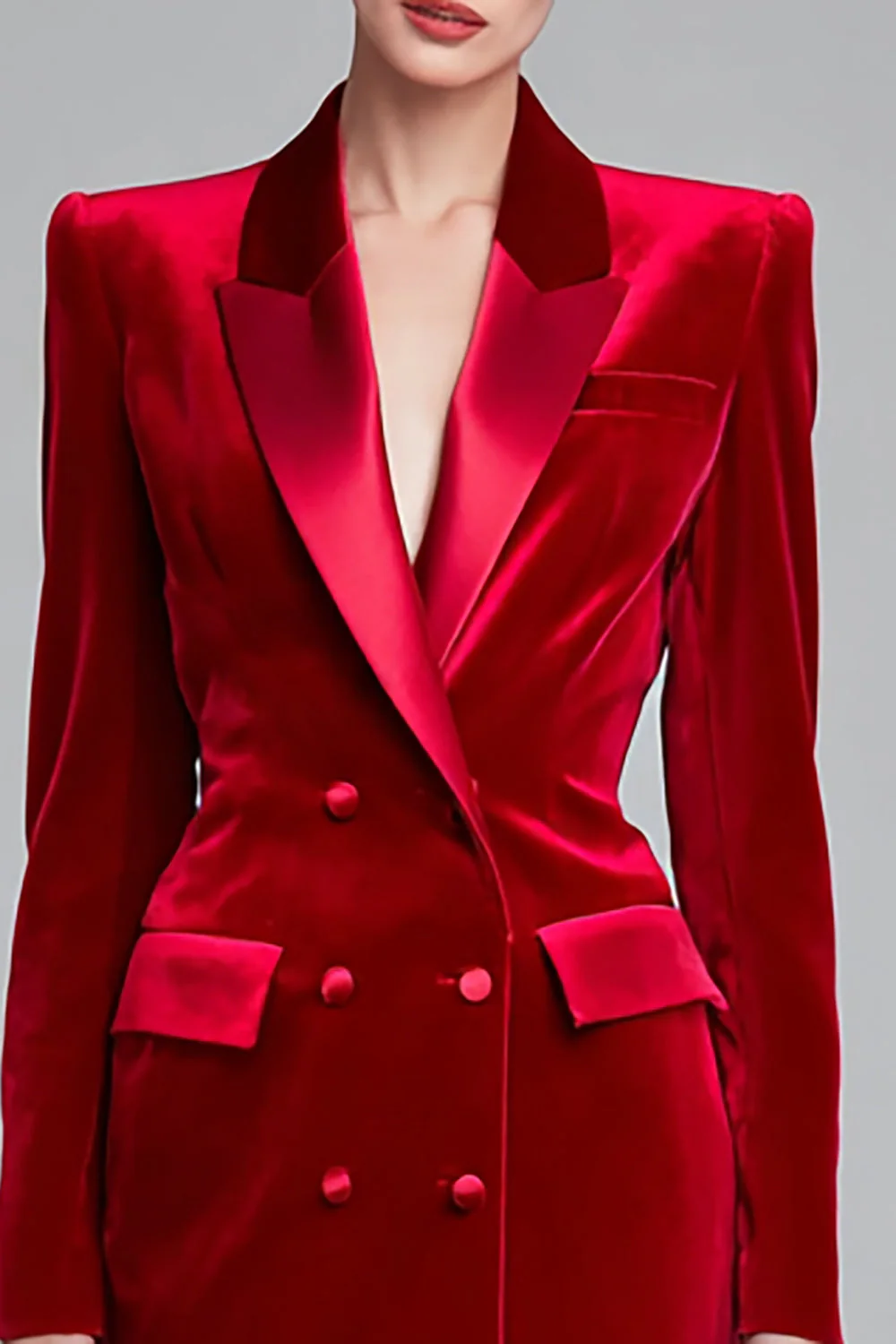 Czerwona aksamitna sukienka robocza bodycon z klapami w klapach midi - Image 2
