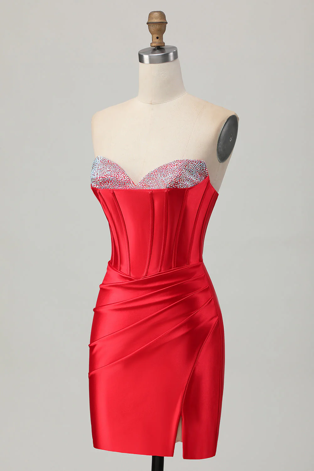 Czerwona bodycon bez ramiączek gorset z koralikami sukienka na powrót do domu z rozcięciem - Image 3