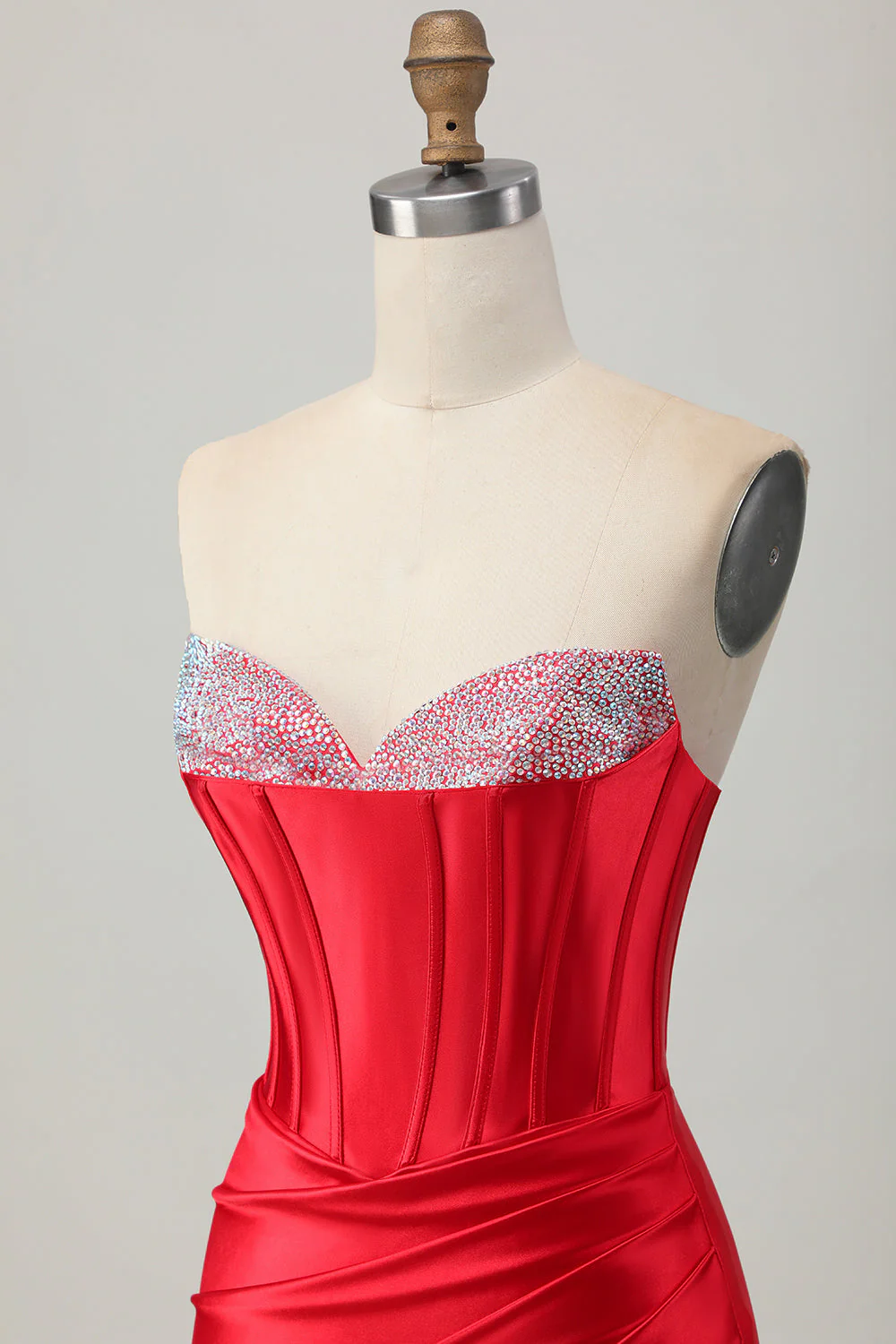 Czerwona bodycon bez ramiączek gorset z koralikami sukienka na powrót do domu z rozcięciem - Image 6