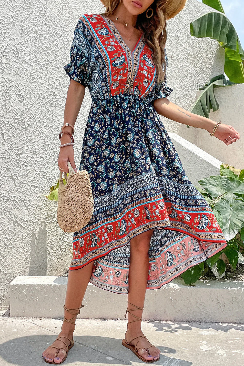 Czerwona letnia sukienka z nadrukiem A Line V Neck - Image 15