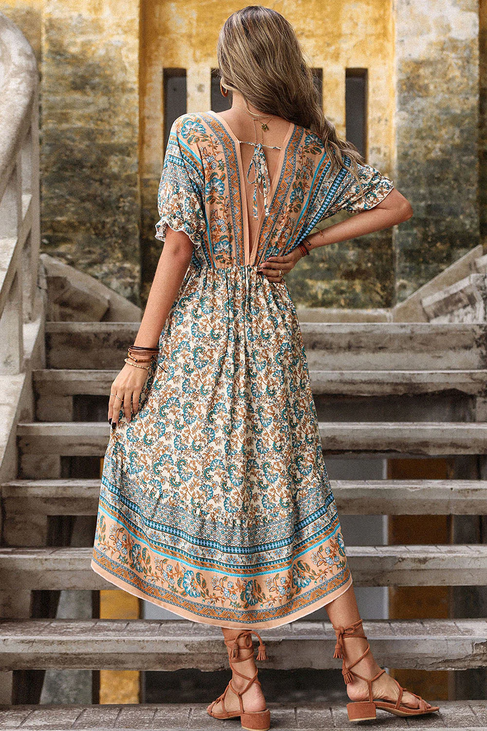 Czerwona letnia sukienka z nadrukiem A Line V Neck - Image 17