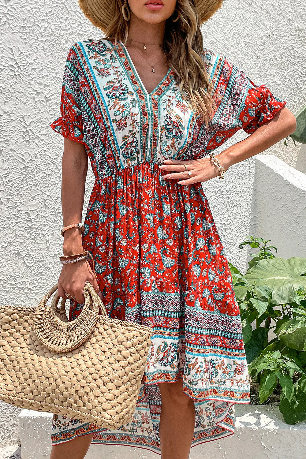 Czerwona letnia sukienka z nadrukiem A Line V Neck - Image 7