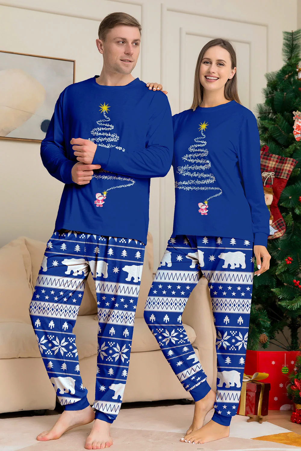 Królewski Niebieski Odcisk Drzewa Piżama Świąteczna z Długim Rękawem - Image 2