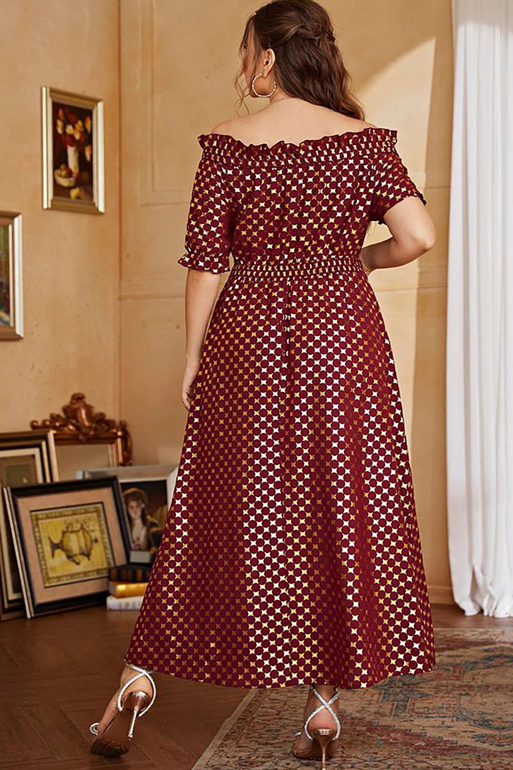 Plus Size Czerwone Złoto Odkrytymi Ramionami Sukienka Na Studniówkę - Image 2