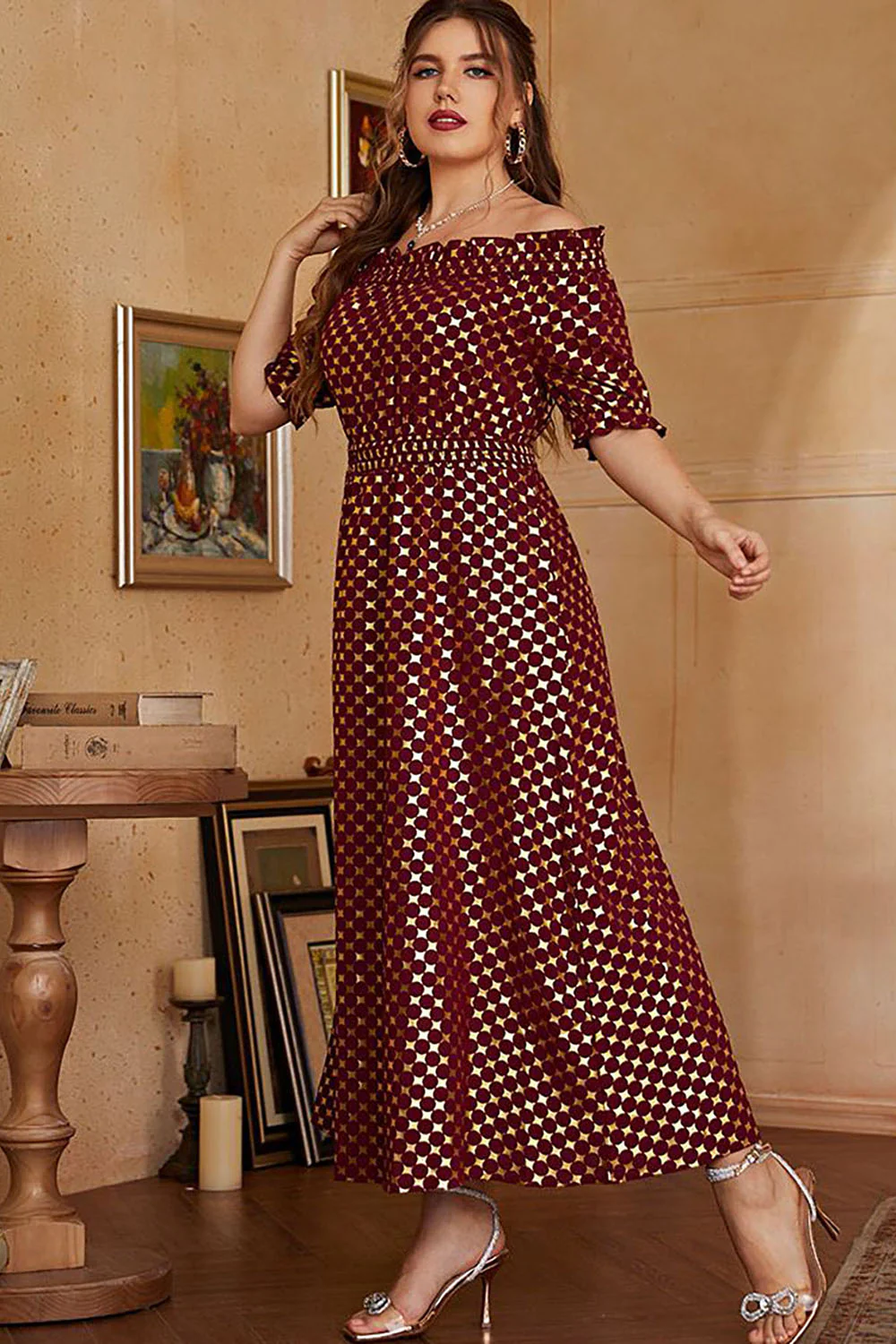 Plus Size Czerwone Złoto Odkrytymi Ramionami Sukienka Na Studniówkę - Image 6