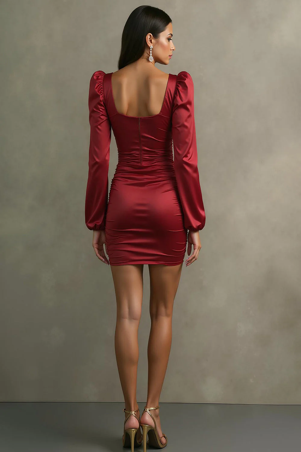 Czerwona satynowa krótka sukienka koktajlowa bodycon z rękawami - Image 2