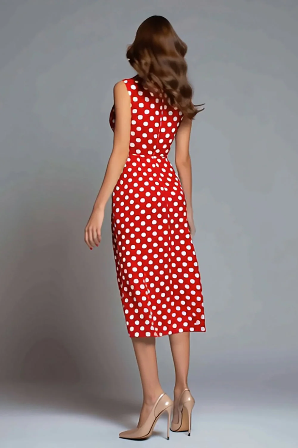 Czerwona satynowa sukienka z dekoltem w serek Bodycon Tea Length w kropki - Image 2