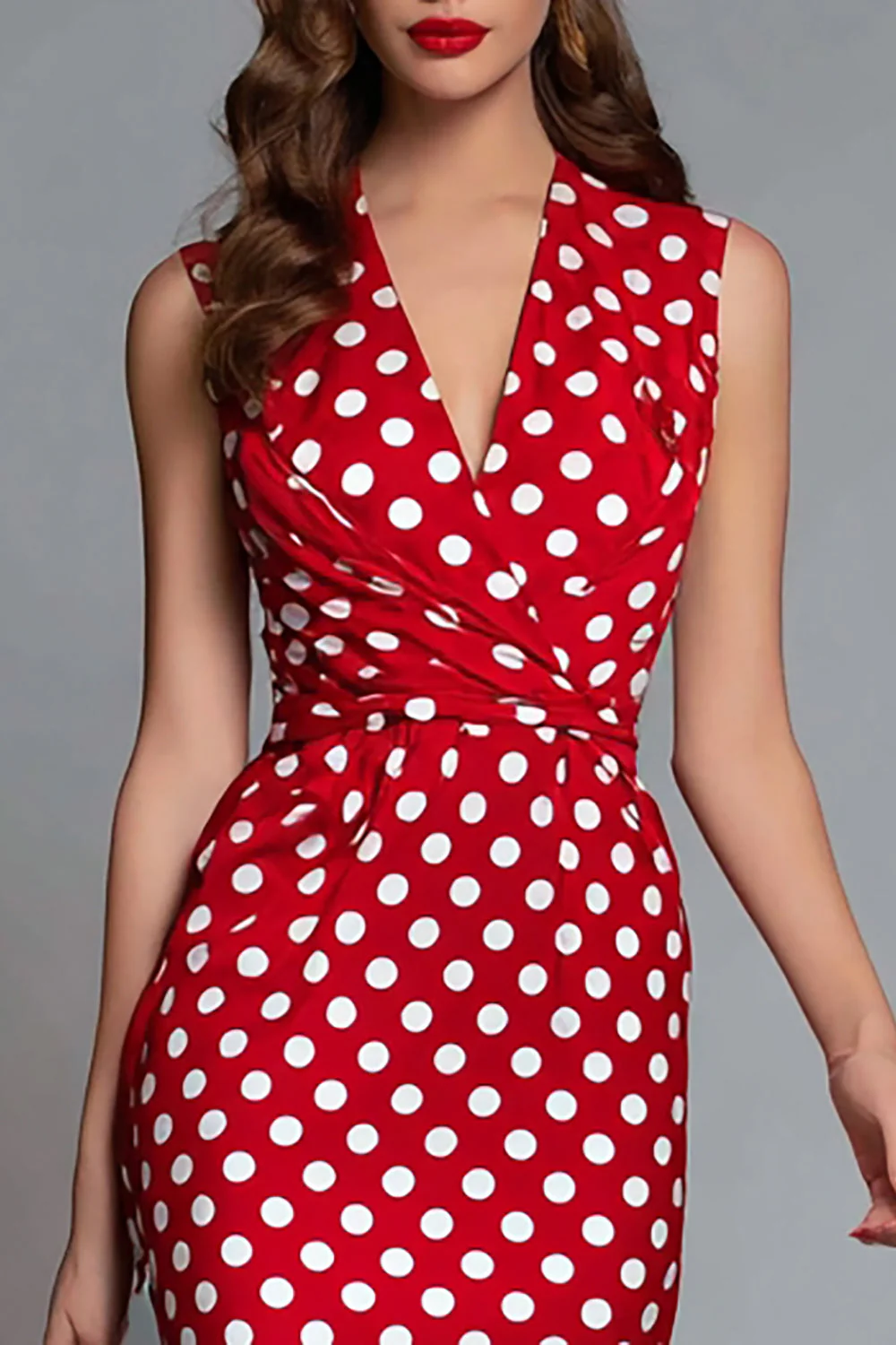 Czerwona satynowa sukienka z dekoltem w serek Bodycon Tea Length w kropki - Image 3