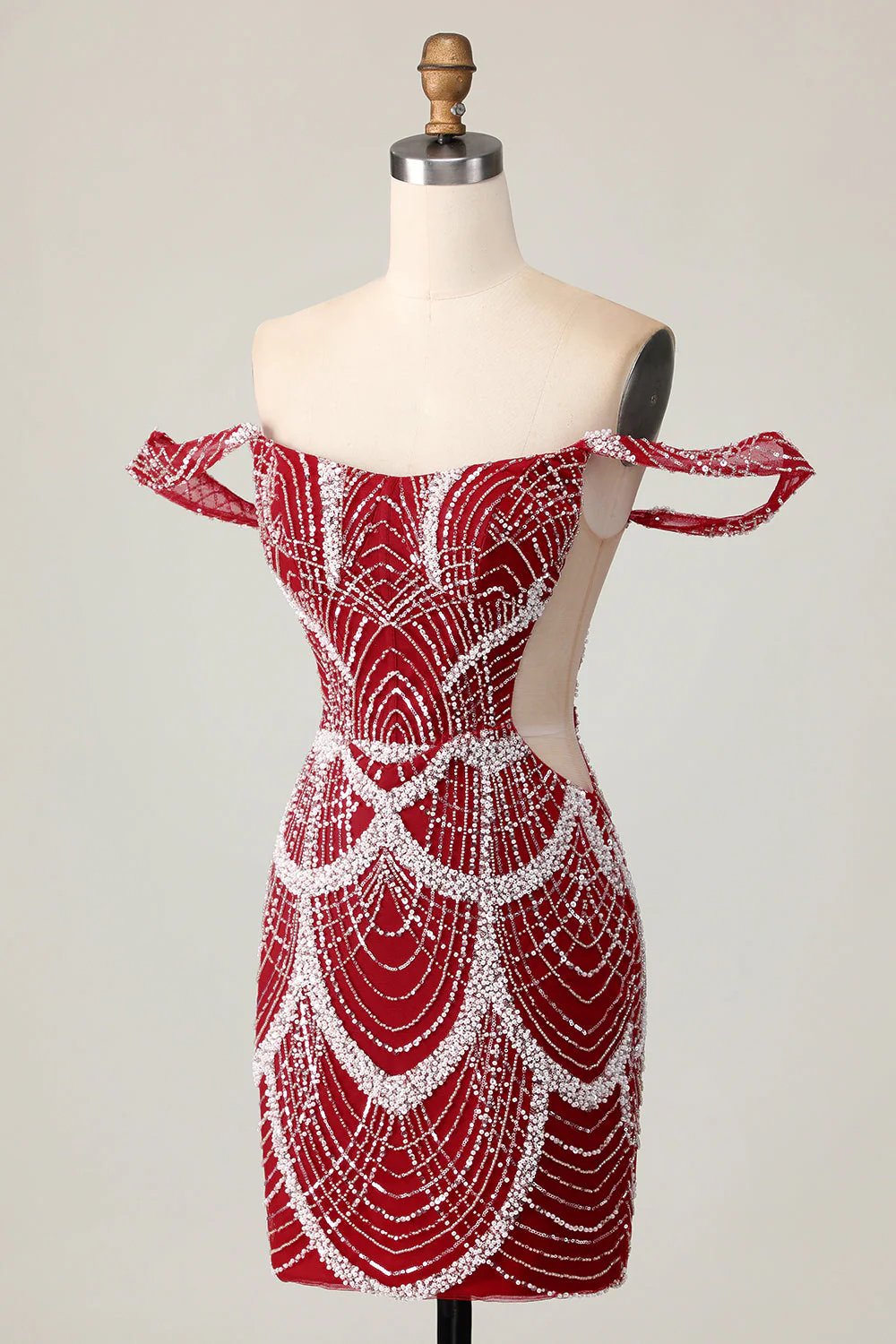 Czerwona sukienka z odkrytymi ramionami bodycon z cekinami - Image 3