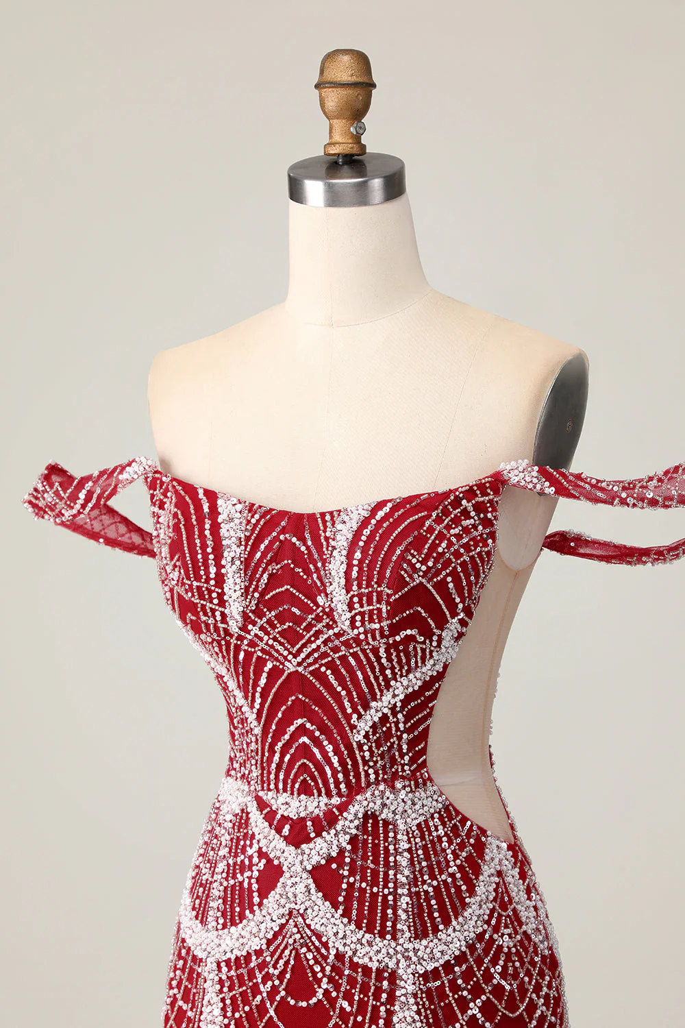 Czerwona sukienka z odkrytymi ramionami bodycon z cekinami - Image 6