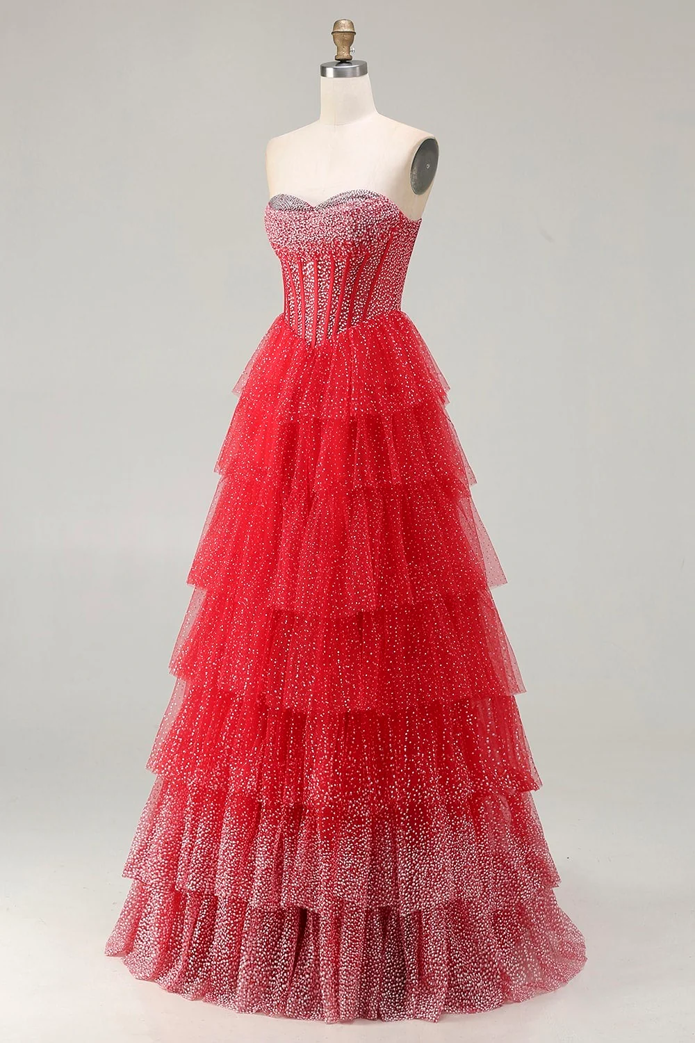 Czerwony gorset A Line Sweetheart Tiered Polka Rots – długa sukienka na studniówkę z falbanami - Image 3