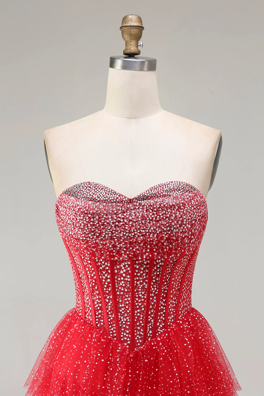 Czerwony gorset A Line Sweetheart Tiered Polka Rots – długa sukienka na studniówkę z falbanami - Image 4