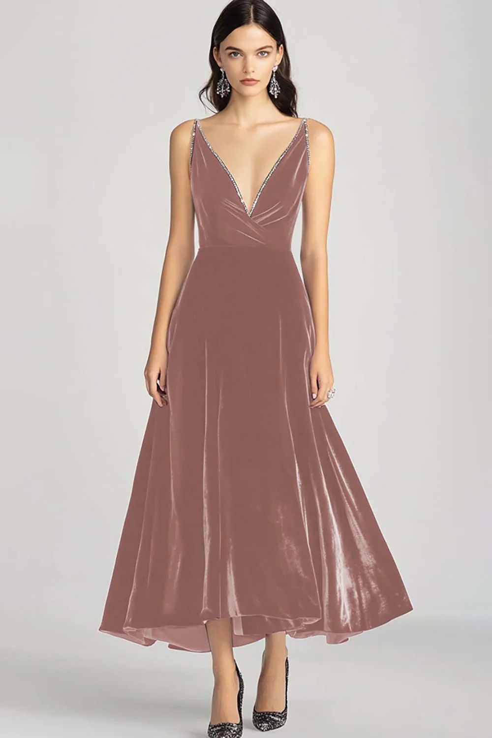 Błyszcząca Czerwony Aksamit Długa Kształcie Litery A Sukienki Na Wesele z Koralikami - Image 4
