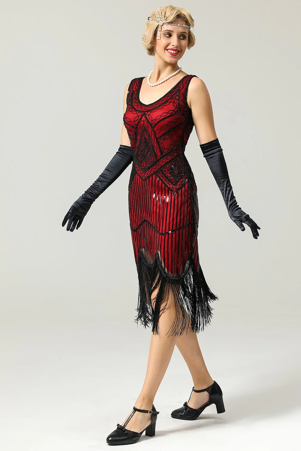 Czerwony Strój Flapper Sukienka Lata 20 Z Frędzlami - Image 3