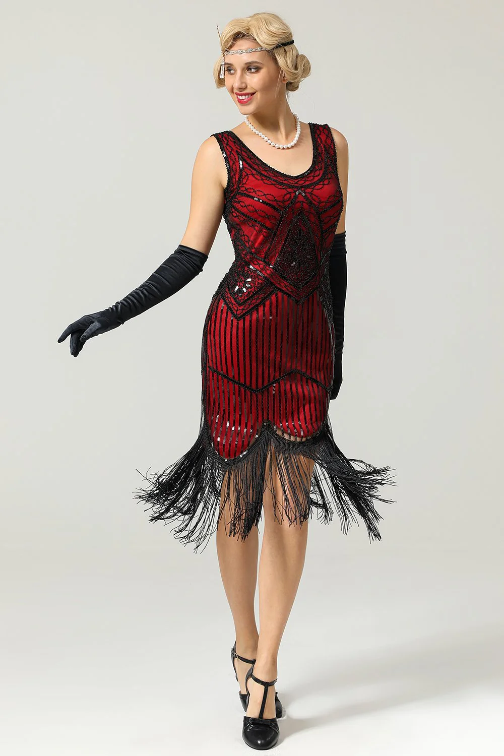 Czerwony Strój Flapper Sukienka Lata 20 Z Frędzlami - Image 4