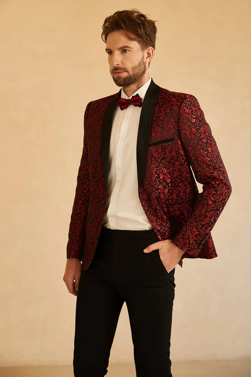Czerwony szal Lapel Żakardowy Marynarka męska Na Studniówkę - Image 3